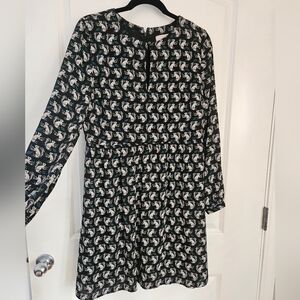 LOFT Black and White Squirrel Pattern Printed Long-Sleeve Dress